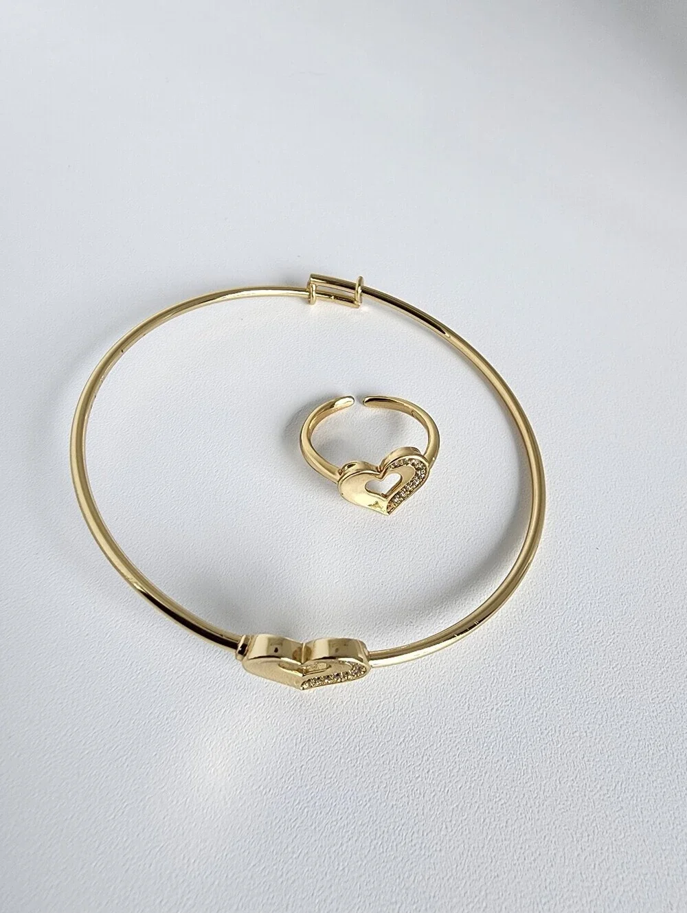 Gold Plated Heart Bangle & Adjustable Ring Set CZ Love Jewelry Girls